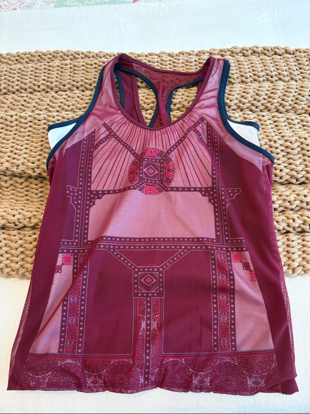 Lucky in Love Maroon Mesh Racerback Tank with Navy Trim
